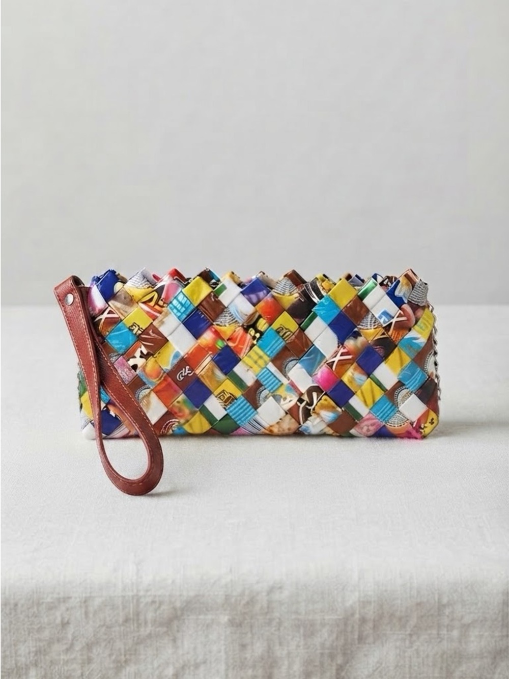 Nahui Ollin Multicolor Woven Wristlet Clutch with Brown Leather Strap